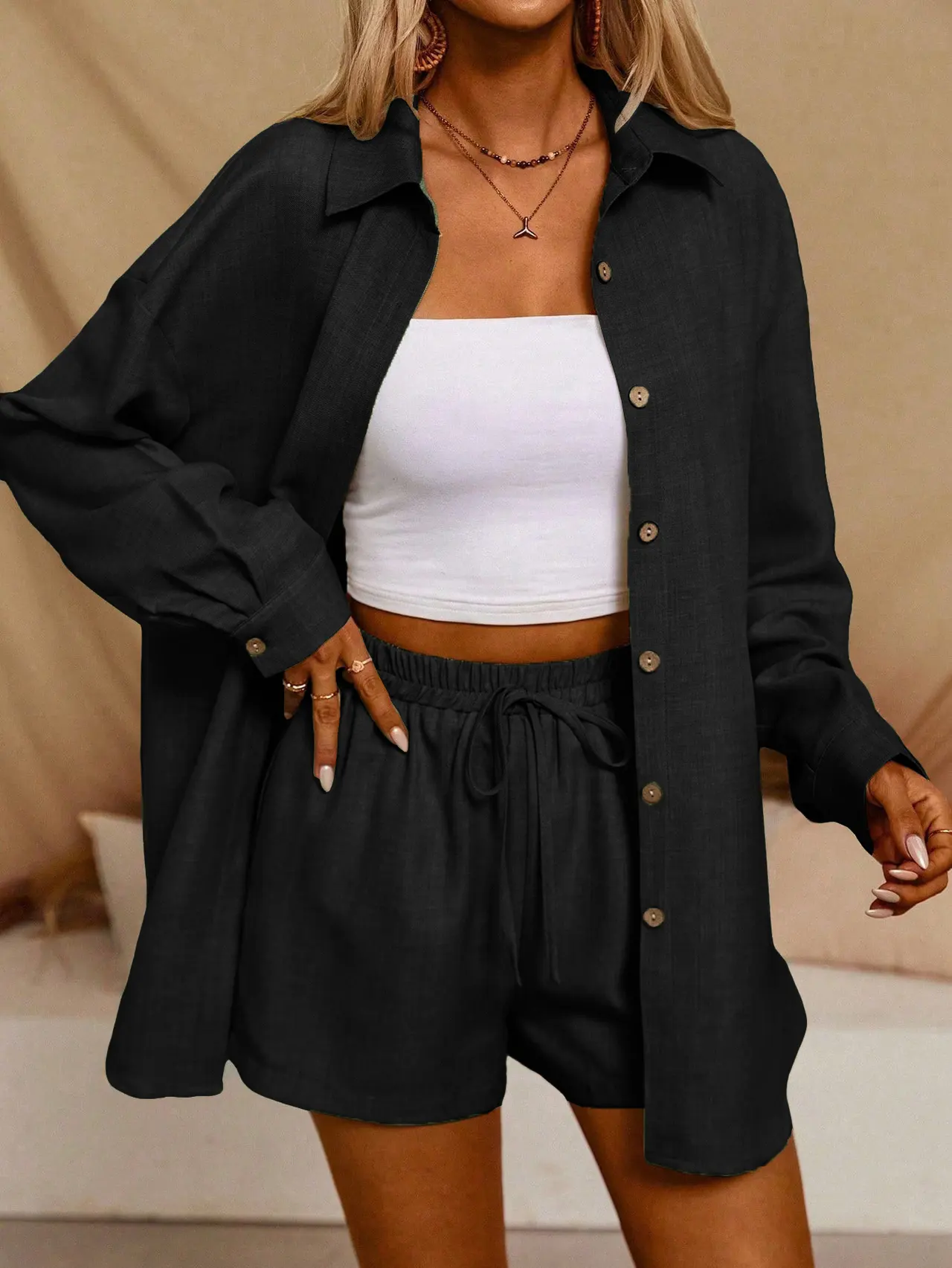 Tatting Cardigan With Shorts Fashion Casual Women's Suit - Black