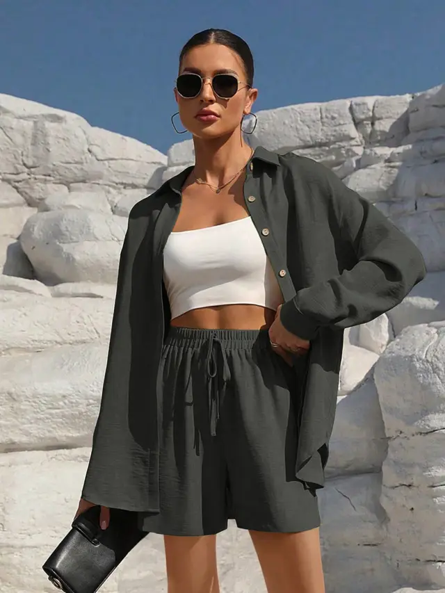 Tatting Cardigan With Shorts Fashion Casual Women's Suit Gray - Shop at LoveMi