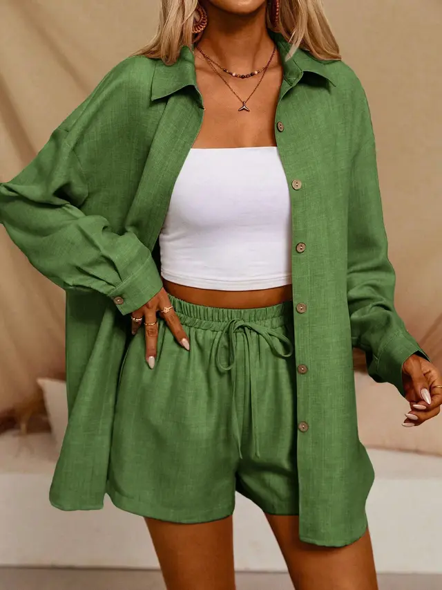 Tatting Cardigan With Shorts Fashion Casual Women's Suit Green - Shop at LoveMi