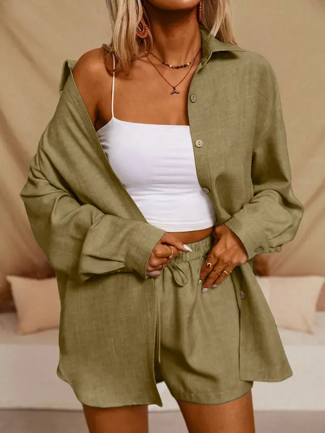 Tatting Cardigan With Shorts Fashion Casual Women's Suit Yellow Green - Shop at LoveMi