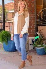 Apricot Color Block Wide Ribbed V Neck Top - Apricot