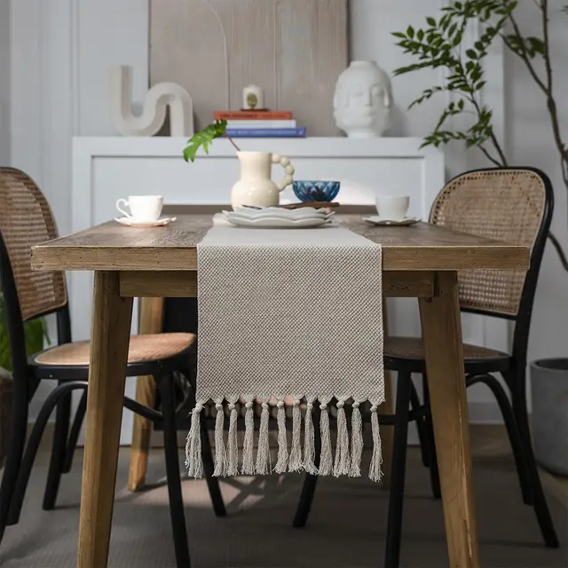 Nordic Jacquard Geometric Long Strip Tablecloth Cotton Jute Interwoven Tassel - Shop at LoveMi