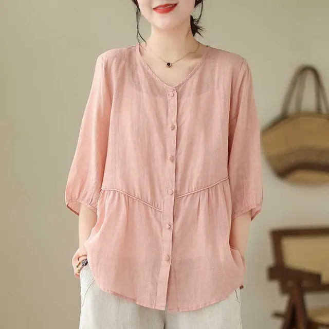 Artistic New Cotton And Linen Retro Crew Neck Top Pink - Shop at LoveMi