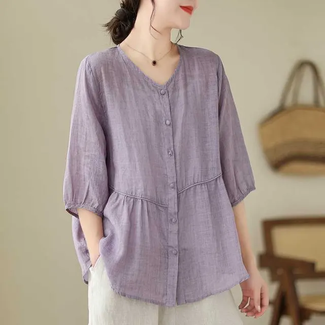 Artistic New Cotton And Linen Retro Crew Neck Top Purple - Shop at LoveMi