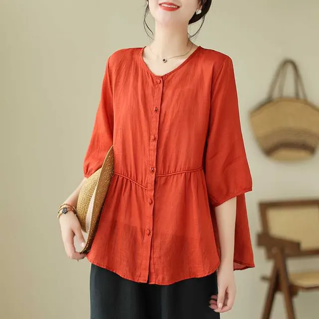 Artistic New Cotton And Linen Retro Crew Neck Top Red - Shop at LoveMi