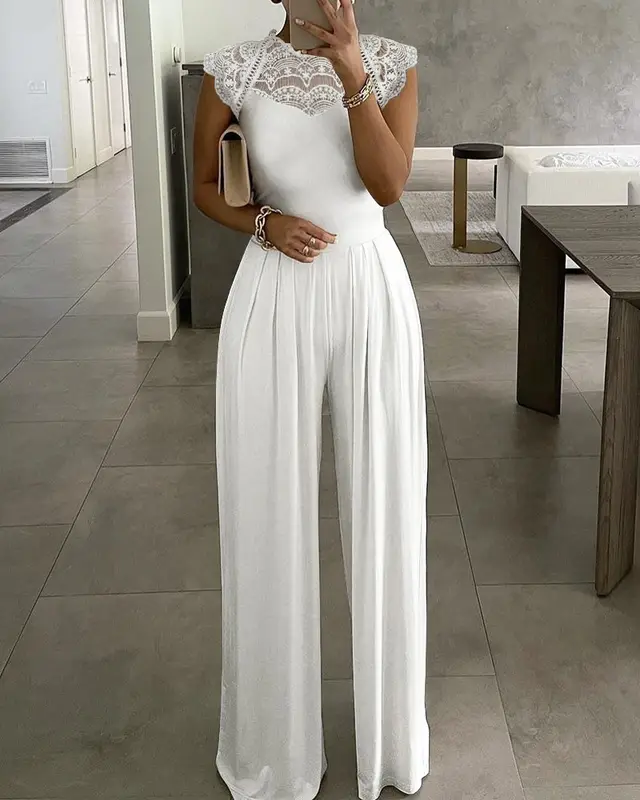 Fashion Lace Collar Round Neck Jumpsuit For Women White - Shop at LoveMi