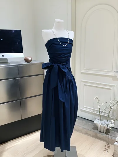 Mint Mambo Green Vacation Style Tube Top Lace up Dress Loose And Irregular Pleated Midi Dress Without Chest Pad Purplish Blue - Shop at LoveMi