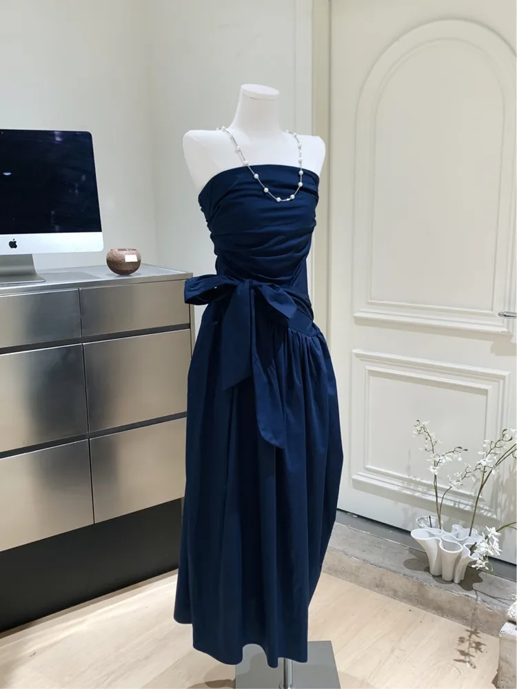 Mint Mambo Green Vacation Style Tube Top Lace up Dress Loose And Irregular Pleated Midi Dress Without Chest Pad Purplish Blue - Shop at LoveMi
