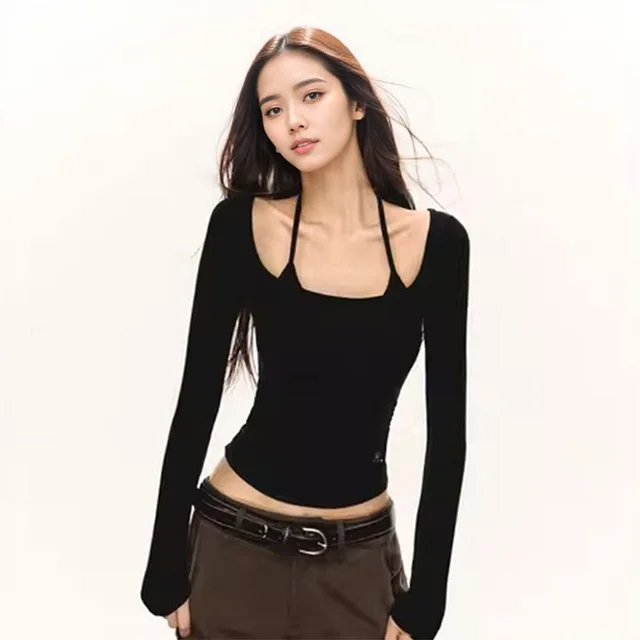 Original Design Fake Two piece Bottoming Top Black - Shop at LoveMi