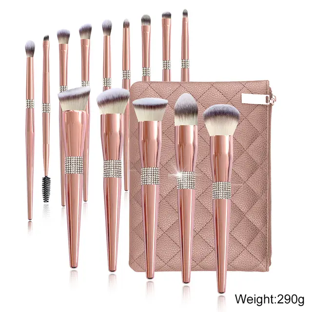 Portable Home Electroplated Rose Gold Makeup Brush Suit Rose Gold 14Pcs Zipper Bag - Shop at LoveMi