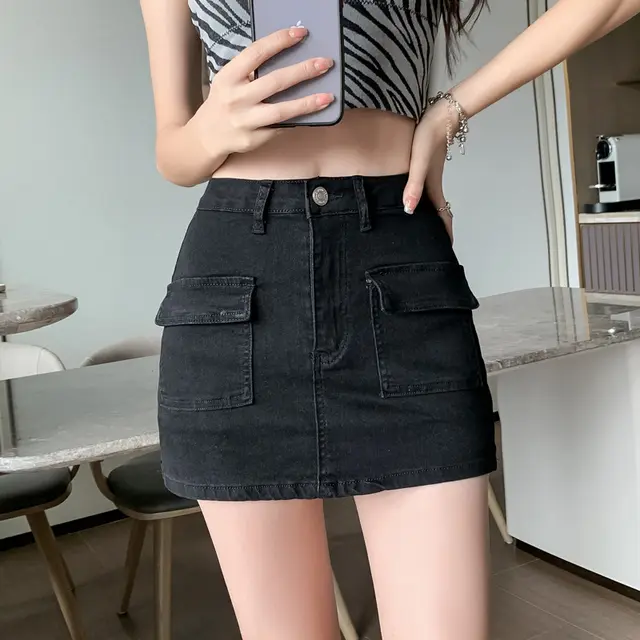 Retro Style Sheath Denim Skirt High Waist Elastic Slim Fit Black - Shop at LoveMi