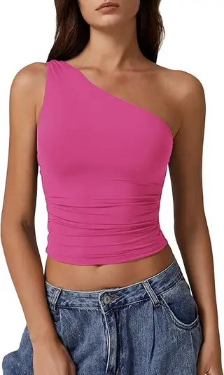 Solid Color Slim Fit Midriff-baring Vest T-shirt - Rose Red