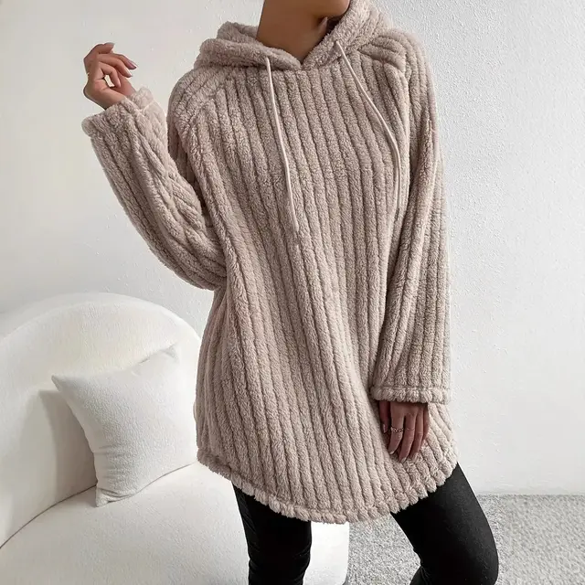Loose Casual Hoodie Curved Hem Long Sleeve Khaki - Shop at LoveMi