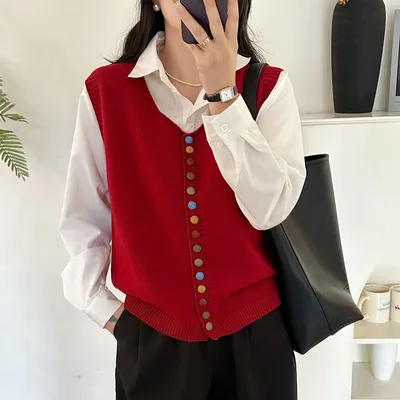 Knitted Vest Women's Spring And Autumn Outer Wear Cardigan Red - Shop at LoveMi