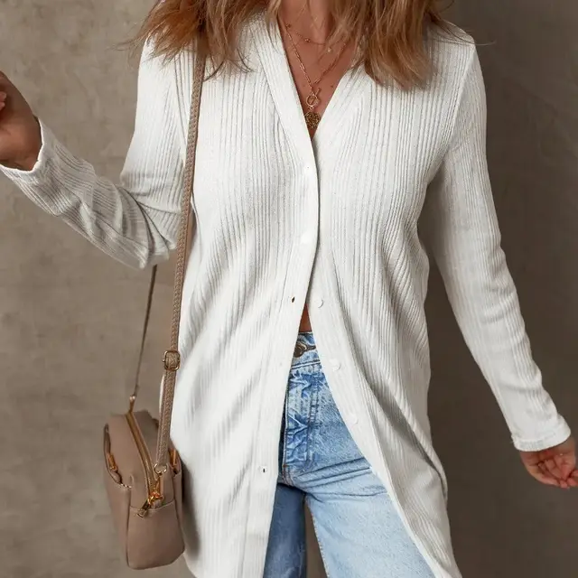 White Solid Color Ribbed Button Up Tunic Cardigan White - Shop at LoveMi
