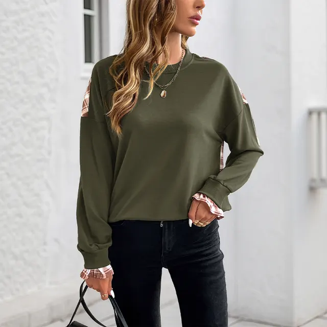 Women's Thin Plaid Stitching Crew Neck Pullover Sweatshirt Army Green - Shop at LoveMi