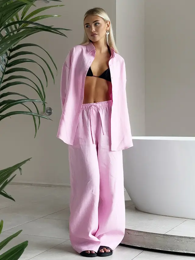 Women's Solid Color Loose Shirt Trousers Suit Pink - Shop at LoveMi
