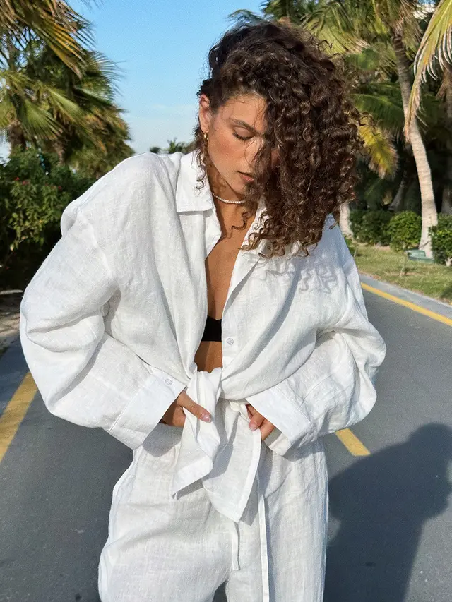 Women's Solid Color Loose Shirt Trousers Suit White - Shop at LoveMi