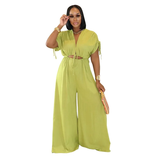 Women's Casual V neck Lace up Wide leg Jumpsuit Green - Shop at LoveMi
