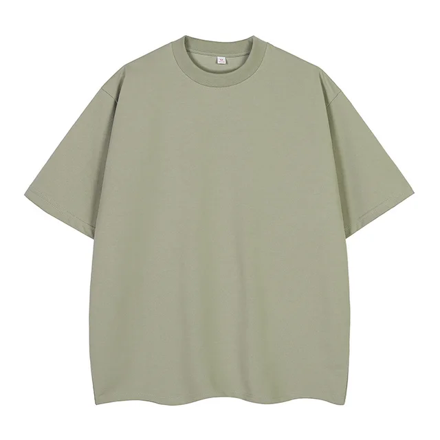 Double Yarn Short Sleeve Sweat absorbing Cotton T shirt Top Moss Color - Shop at LoveMi
