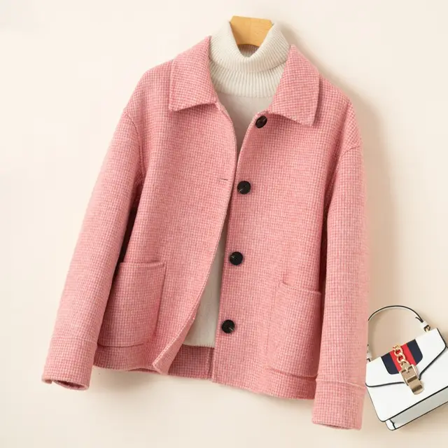 Small Loose Oversized Woolen Coat Pink Plaid 213 - Shop at LoveMi