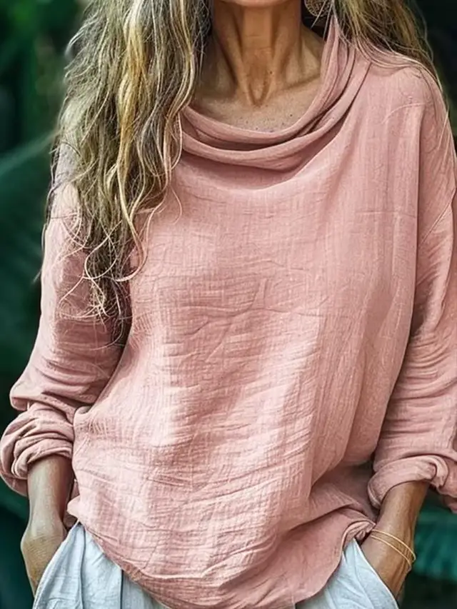 Spring Women's Casual Loose Fashion Long Sleeved Solid Color Pile Collar Pullover Pleated Top Pink - Shop at LoveMi