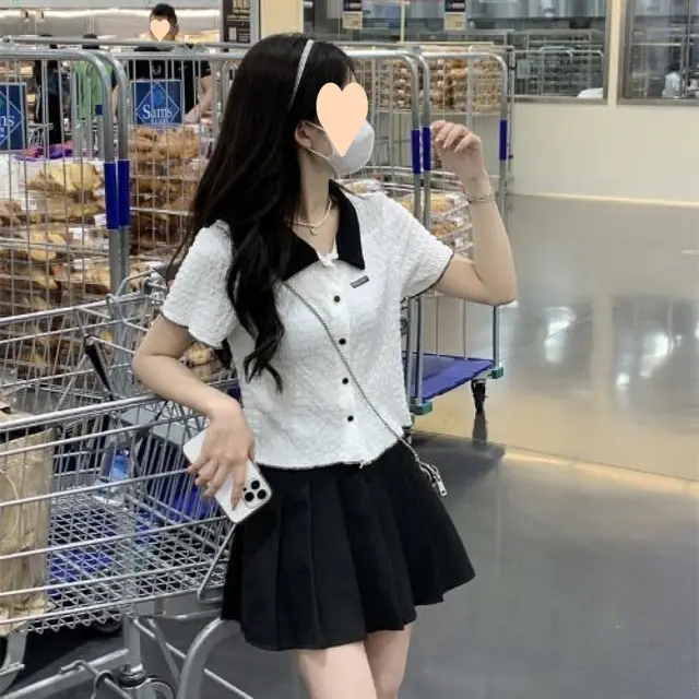 New Contrast Color Short Sleeve Shirt For Women White - Shop at LoveMi