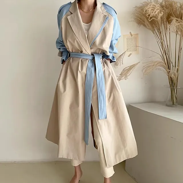 Retro Lapels Design Stitching Contrast Color Lace up Waist Long Trench Coat Women Picture Color Coat - Shop at LoveMi
