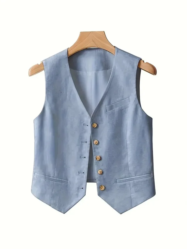 Ladies' Casual Elegant Waist Cinched Linen Jacket Vest Blue - Shop at LoveMi
