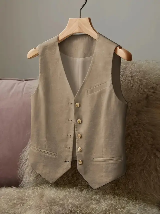 Ladies' Casual Elegant Waist Cinched Linen Jacket Vest Khaki - Shop at LoveMi