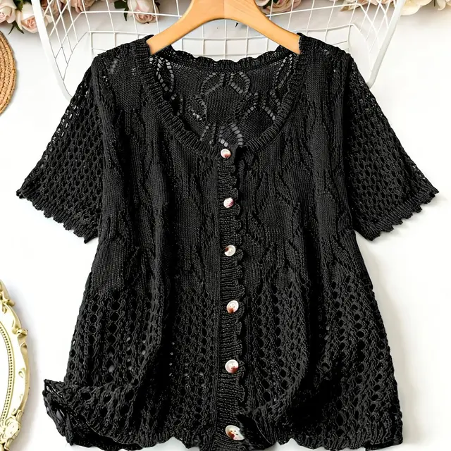Women's Solid Color Hollow out Button Short sleeved Top Black - Shop at LoveMi