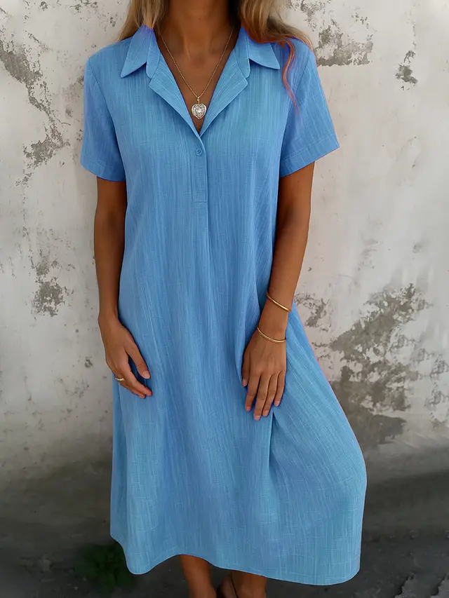 Loose Short Sleeves V neck Solid Color Cotton And Linen Shirt Dress Sky Blue - Shop at LoveMi