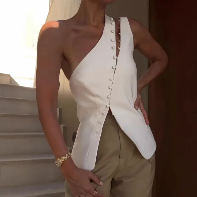 Summer New European And American One shoulder White Vest Button Off shoulder White - Shop at LoveMi