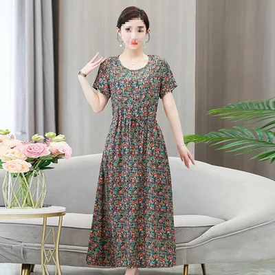 Dress Summer Floral Artificial Cotton Skirt Short Sleeve Loose Cotton Overknee Skirt No 28 Color 201 - Shop at LoveMi