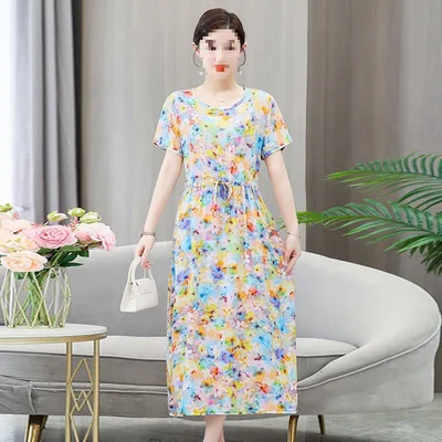 Dress Summer Floral Artificial Cotton Skirt Short Sleeve Loose Cotton Overknee Skirt No 30 Color 201 - Shop at LoveMi