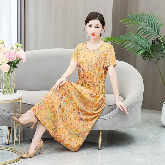 Dress Summer Floral Artificial Cotton Skirt Short Sleeve Loose Cotton Overknee Skirt No 35 Color 201 - Shop at LoveMi