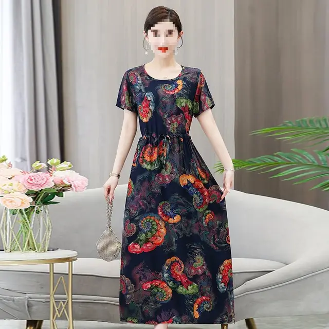 Dress Summer Floral Artificial Cotton Skirt Short Sleeve Loose Cotton Overknee Skirt No 40 Color 201 - Shop at LoveMi