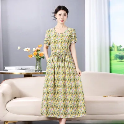 Dress Summer Floral Artificial Cotton Skirt Short Sleeve Loose Cotton Overknee Skirt No 42 Color 201 - Shop at LoveMi