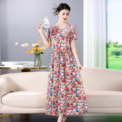 Dress Summer Floral Artificial Cotton Skirt Short Sleeve Loose Cotton Overknee Skirt No 45 Color 201 - Shop at LoveMi