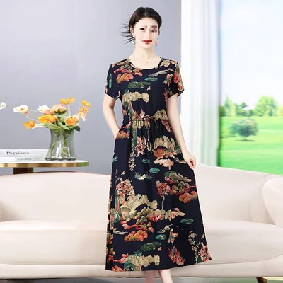 Dress Summer Floral Artificial Cotton Skirt Short Sleeve Loose Cotton Overknee Skirt No49 Color 201 - Shop at LoveMi