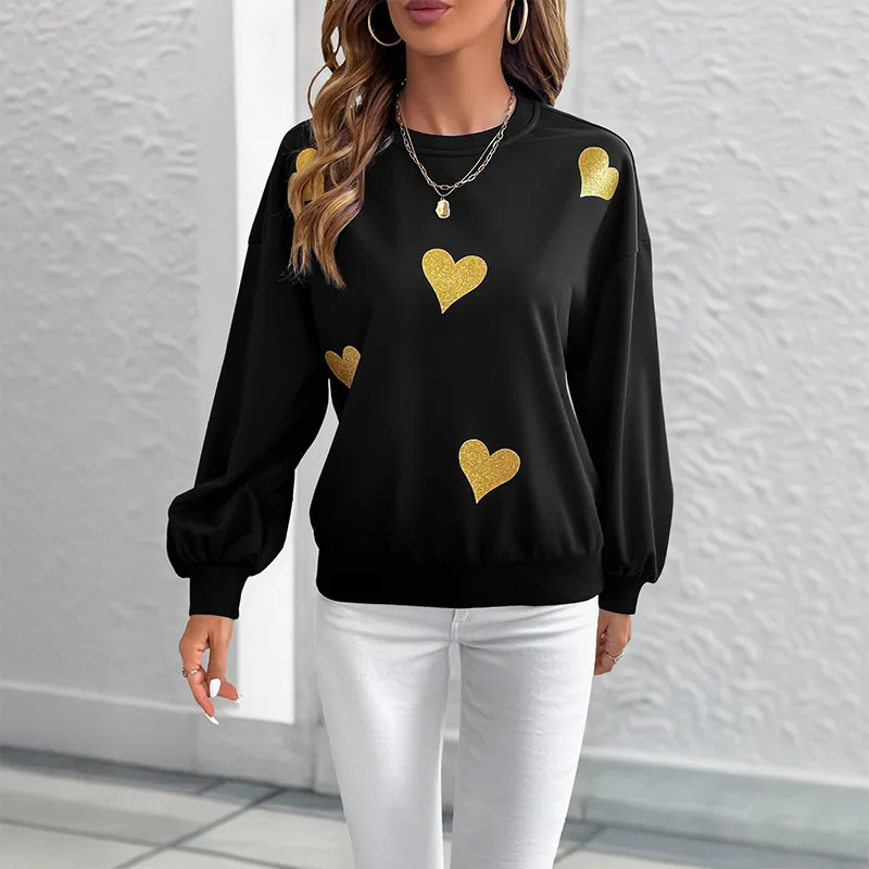 Women's Sweet Style Heart Printing Loose Round Neck Long Sleeve Sweater - Black - View 1