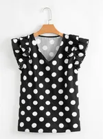 Black Polka Dot Print Ruffled Sleeve V Neck Blouse - Black