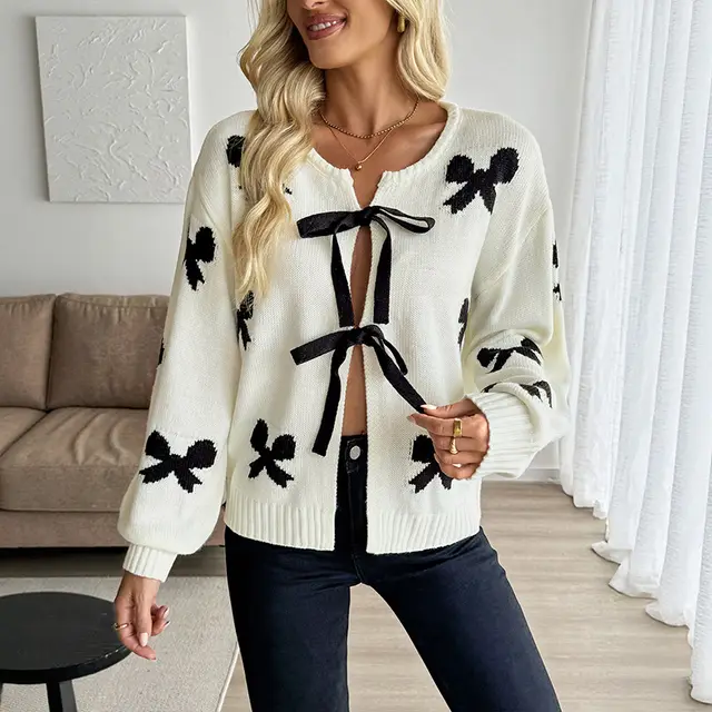 Lace up Bow Pattern Women's Sweater Cardigan Beige - Shop at LoveMi