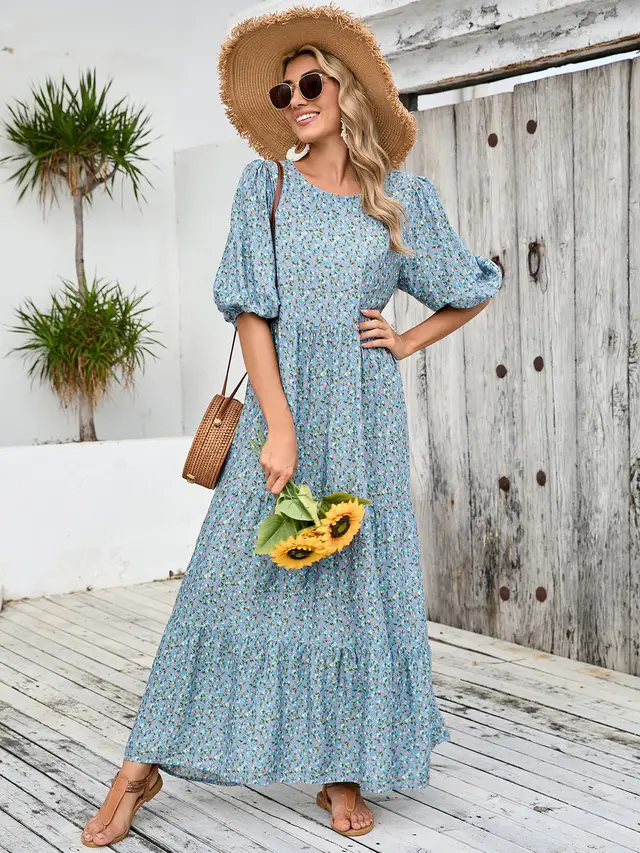 Djellaba Loose Round Neck Shirt With Half Sleeve Dress Light Blue - Shop at LoveMi