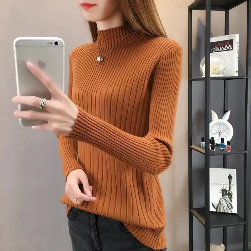 Slim Fit Slimming Inner Knitted Bottoming Shirt Women's Long Sleeve - Caramel - View 1