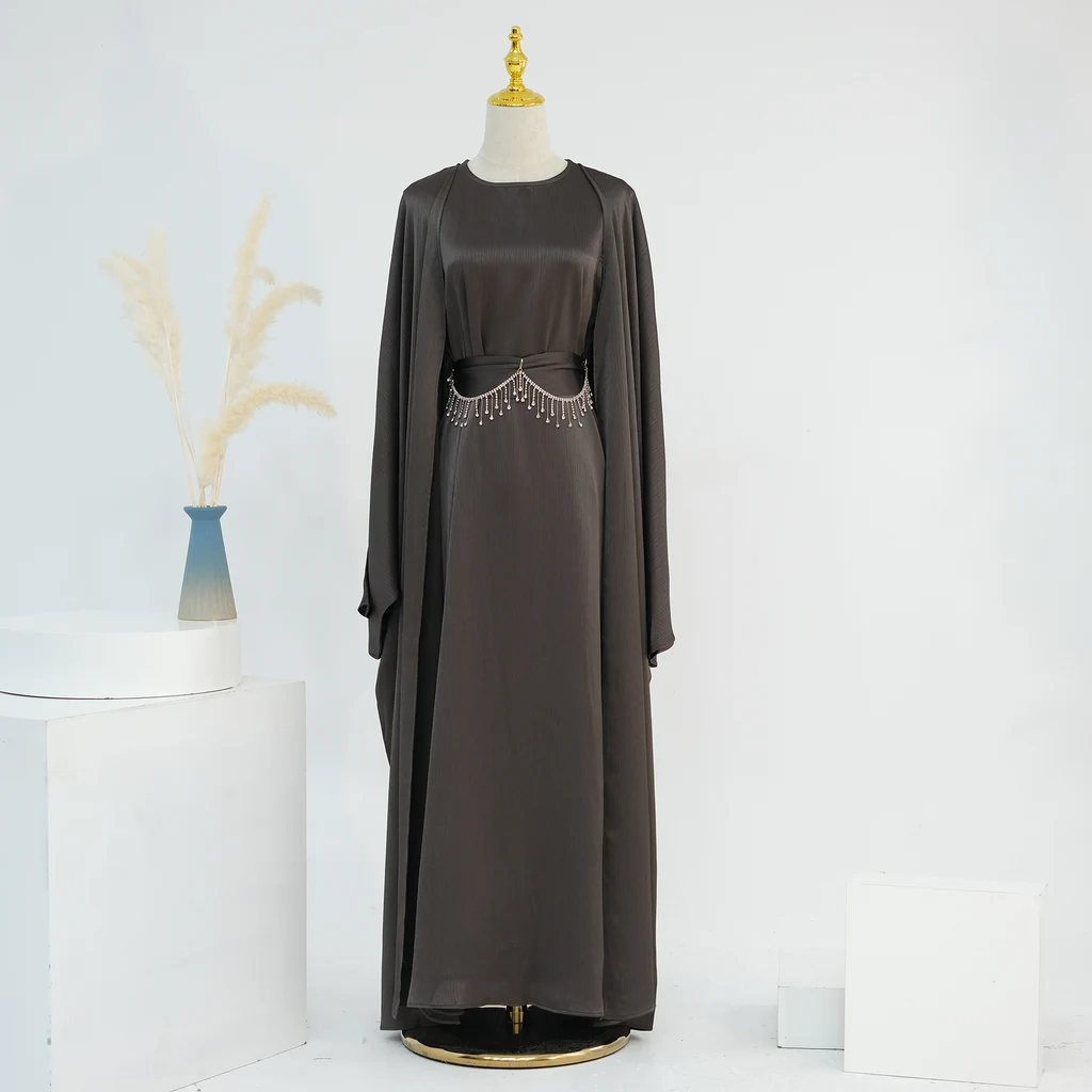 Turkish Dubai Elegant Women's Two-piece Suit With Crystal Chain - Dark Grey Reel Chain