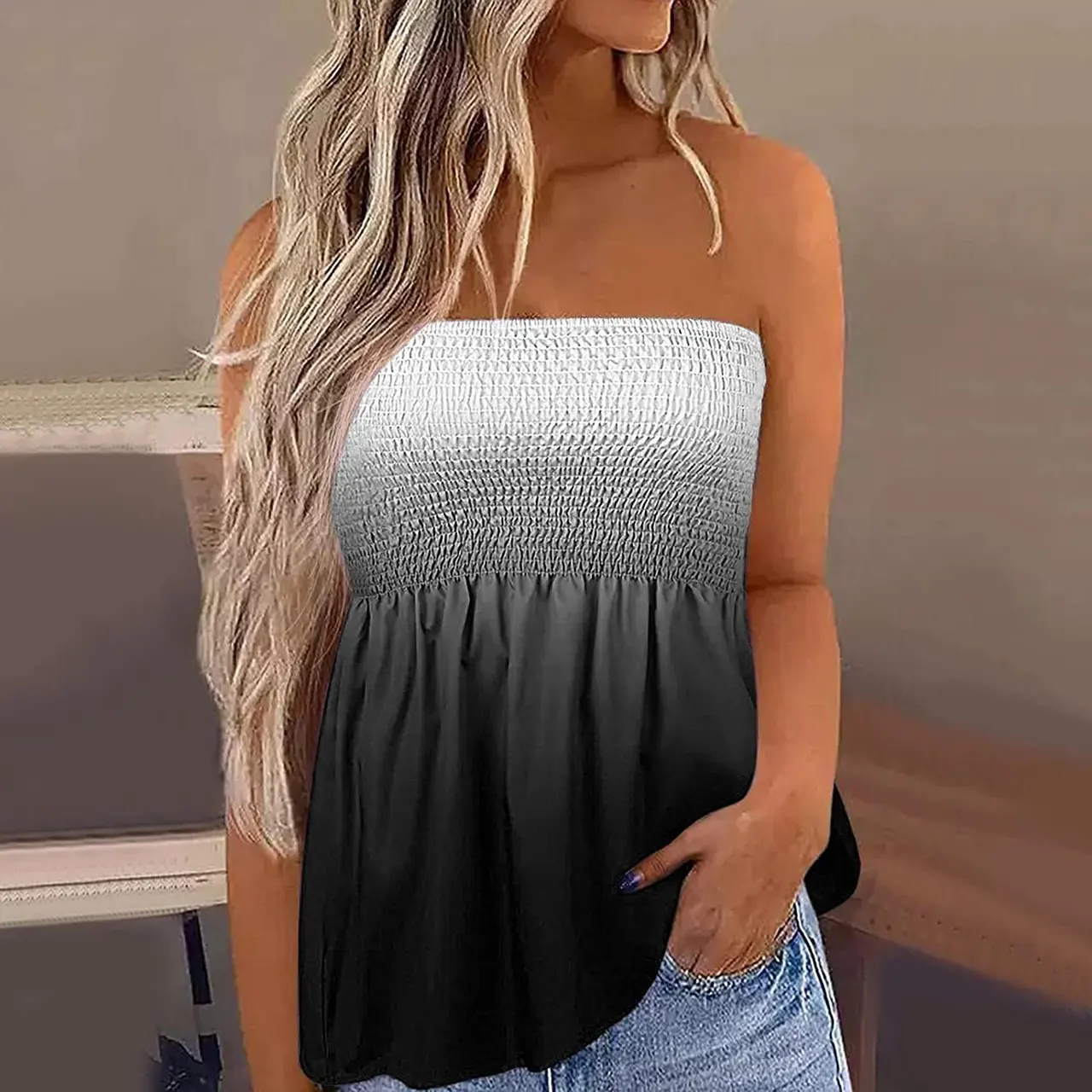 Sexy Fashion Off-the-shoulder Short Tube Top For Women - Black Gray White Gradient