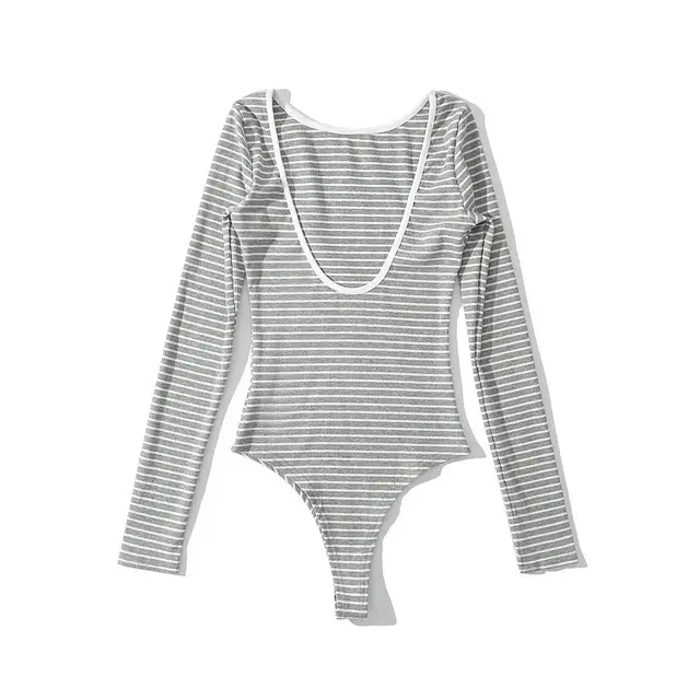 Sexy Big Back exposure Striped Tight Jumpsuit Solid Color Gray And White Stripes - Shop at LoveMi
