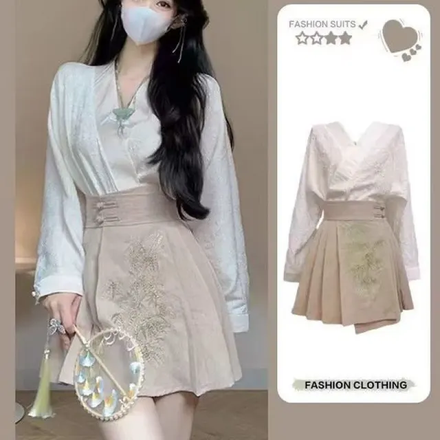 Traditional Button Top Pleated Horse face Skirt Two piece Set Coat Skirt - Shop at LoveMi