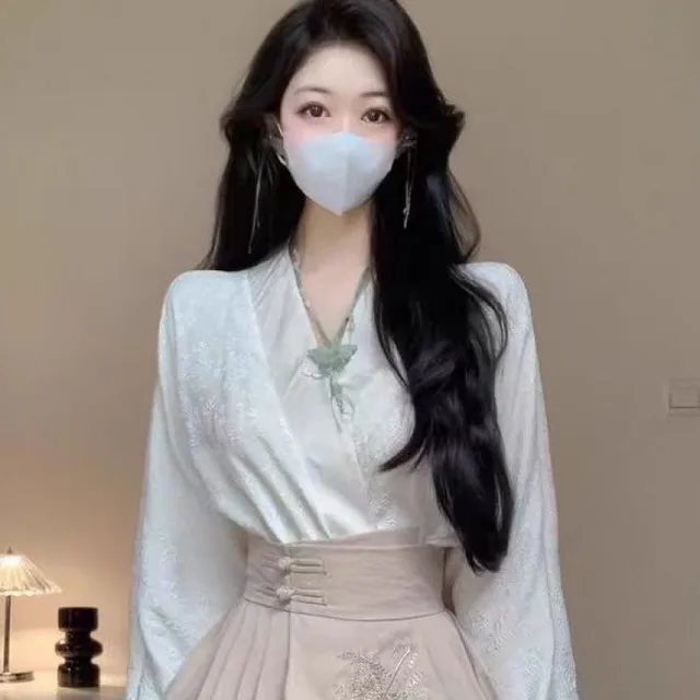 Traditional Button Top Pleated Horse face Skirt Two piece Set Top - Shop at LoveMi
